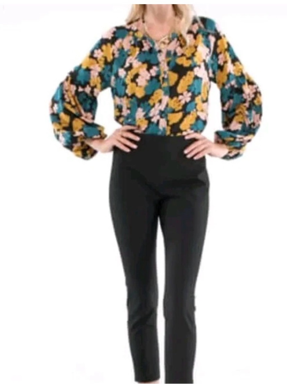 CAbi Teal, Mustard & Pink Floral Blouse